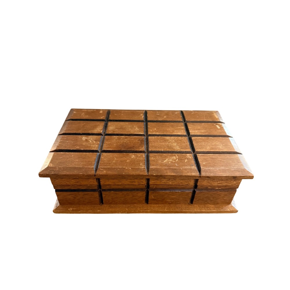 Vintage Japan Wooden Jewelry Box Red Velvet Lined Grid Carved Lid Mid Century
